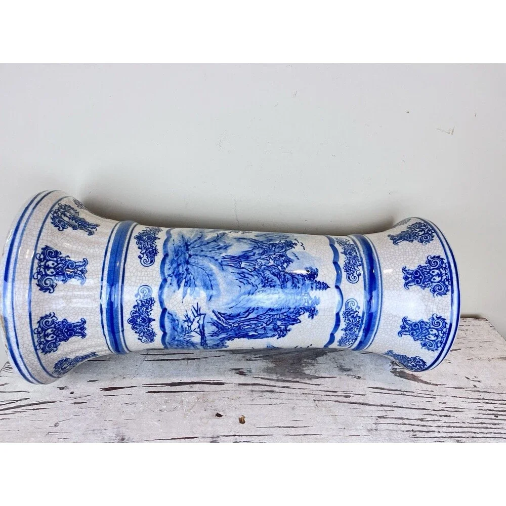 Vintage Mid Century Pedestal Shan Shui Pattern Mountain River Blue White Crazed